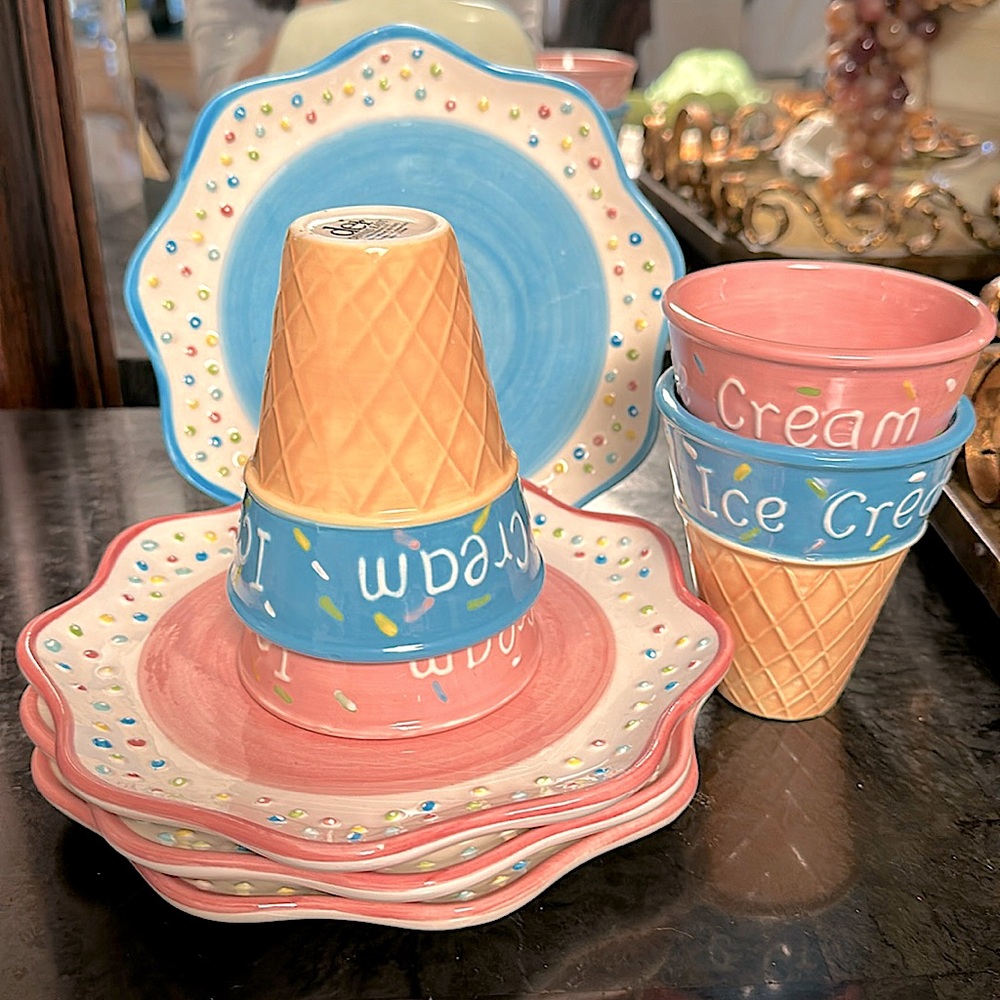 Dennis East International ceramic sugar cone ice cream cups and dessert plates.